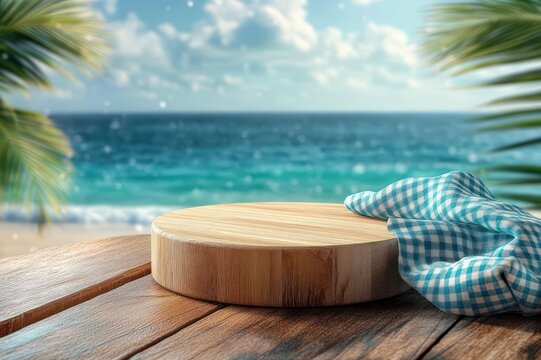 Round wooden serving board with blue gingham cloth on a rustic table overlooking a tropical beach with palm leaves and sparkling turquoise sea, evoking relaxed sunny tranquility