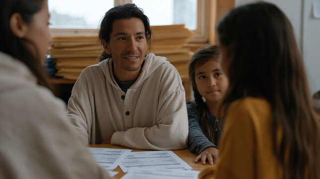 An immigration services caseworker sits across a wooden desk from a family of three, documents and forms spread between them in a modest community center office, a window letting