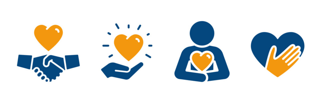heart, approval handshake, support or care, honesty, compassion and solidarity, set icons, vector flat symbols, blue and yellow colors