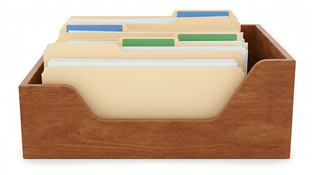 Desk organization wooden box filled with manila folders and colorful index tabs on white