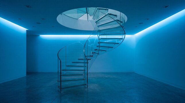 Abstract spiral staircase formed by clear, rectangular glass plates in a minimalist modern room with soft blue lighting