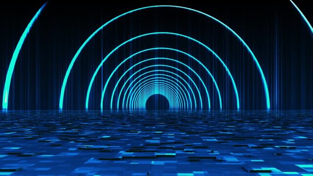 Futuristic blue archway visual with glowing circular arcs, digital tile floor, and dark virtual tunnel depth. Perfect for tech promos, cyber videos, stage openers, and animated overlays.