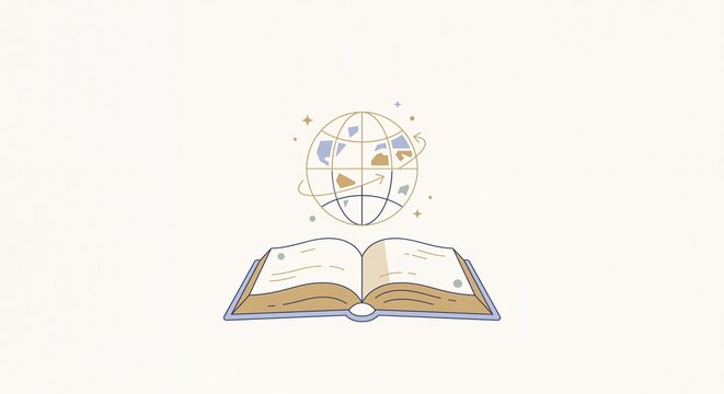 Open book with global knowledge and international education concept representing worldwide learning, cultural exchange, global literacy, educational collaboration and knowledge sharing, minimalist fla