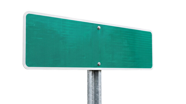 Blank green road sign mounted on a metal post for traffic directions and highway information outdoors isolated on transparent background