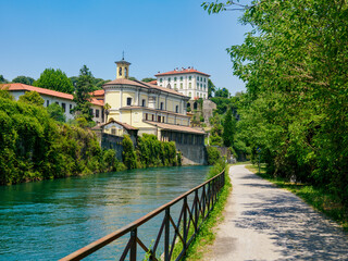 Fototapeta premium Historic buildings of Vaprio d Adda along the Martesana canal, Milan province, Italy