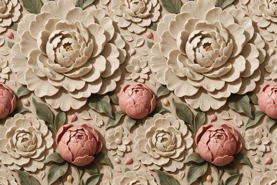 Relief sculpture wall panel featuring intricate three-dimensional peony flowers in cream and soft pink colors with detailed green foliage leaves