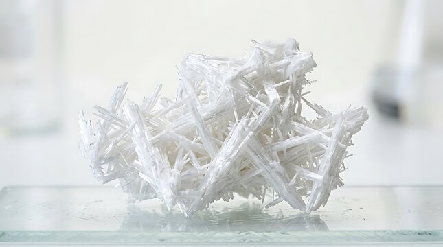 Natural white aragonite mineral crystal cluster with sharp needle formations sitting on glass surface. allantoin