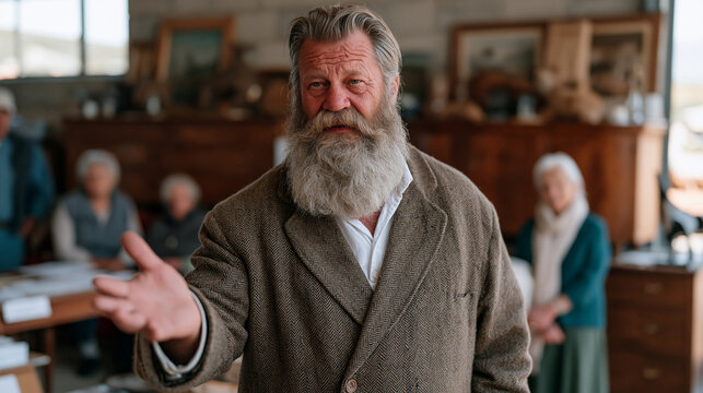 A bearded auctioneer gesturing toward a vintage mahogany sideboard at an estate sale, elderly family members watching from the back of a packed garage, emotional weight of the day