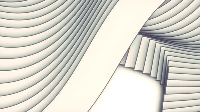 Bright 3D background with a smoothly moving wide ribbon and cascading lines. Abstract parametric architecture in cream white tones. Perfect minimalist seamless loop for business presentations