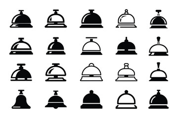Fototapeta premium Hotel bell icons, showing reception desk symbols, concierge service, guest assistance, hospitality management, customer care, and modern vector illustration.
