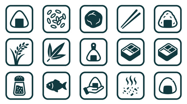 Minimalist icon set of Japanese onigiri rice balls and related food preparation symbols including chopsticks, rice grains, bento boxes, fish, and seasonings on a white background.