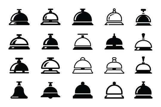 Hotel bell icons, showing reception desk symbols, concierge service, guest assistance, hospitality management, customer care, and modern vector illustration.