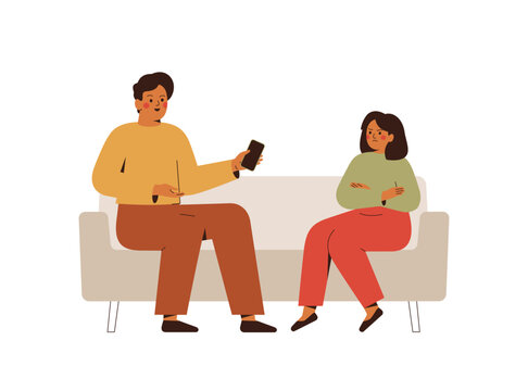 Teenager gadget addiction. Concerned father scolding teen daughter for overusing mobile phone.  Digital screen time, bad habit, dependence. Flat vector illustration isolated on white background