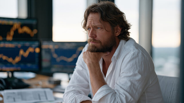 Stock trader in a high-rise financial district office surrounded by multiple monitors showing live market charts, sleeves rolled up, intense concentration, jaw clenched, aftermath