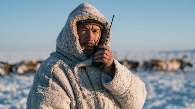Sami reindeer herder using a radio handset in a wide open tundra landscape, thick traditional coat, breath visible in the cold air, a small herd of reindeer moving slowly across
