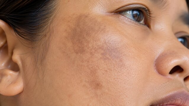Close-up of woman&rsquo;s face showing natural skin pigmentation and texture unevenness on cheek area