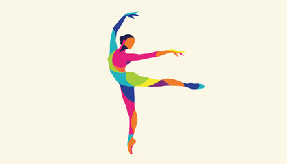 Obraz premium Elegant abstract colorful silhouette of a graceful professional ballerina performing a dance pose on a beige background.
