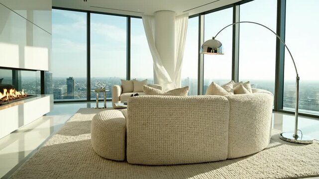 Living room interior features a modern curved sofa and a stylish floor lamp placed against a backdrop of floor-to-ceiling windows overlooking a metropolitan city skyline.