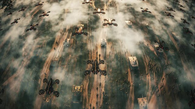 Aerial View of Massive Military Drone Swarm Supporting Ground Forces, Future Autonomous Warfare Concept