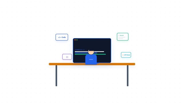 Software developer working on code at a minimalist desk illustration.