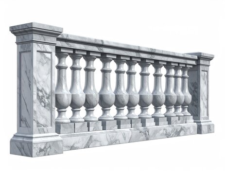 Elegant white marble balustrade with decorative balusters on a white background