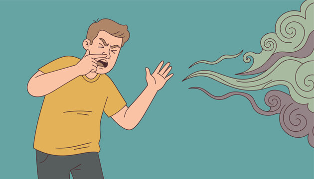 Annoyed man pinching his nose to block out a terrible bad smell or toxic cloud of green gas on a teal background.