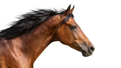 Isolated powerful majestic bay horse head with flowing mane looking right in profile © Conor