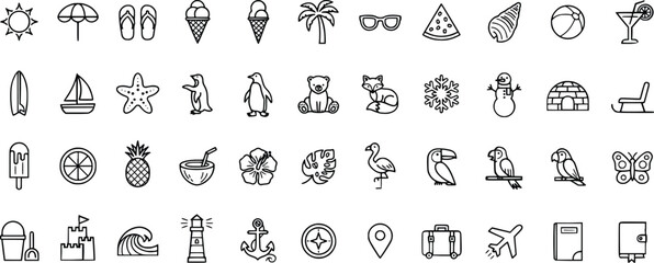 Collection of various travel and vacation themed icons with transparent background © SHAMOLY