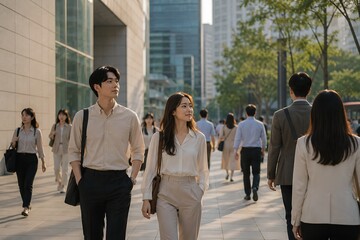 Fototapeta premium Professional business people walking on city street with business, professionals