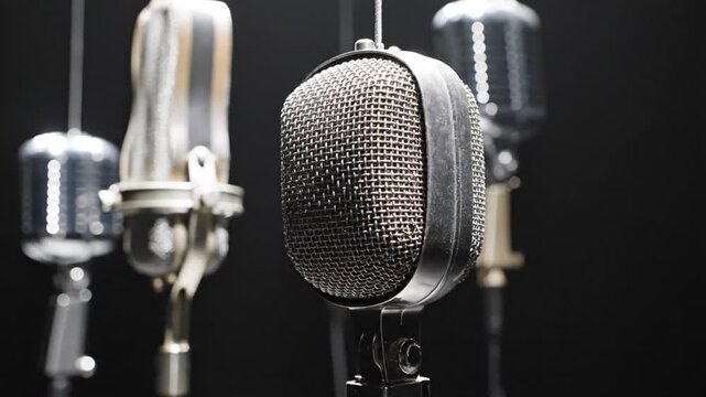 Microphones hang suspended against a dark background to symbolize professional broadcast communication and the recording industry in a classic studio environment setup.