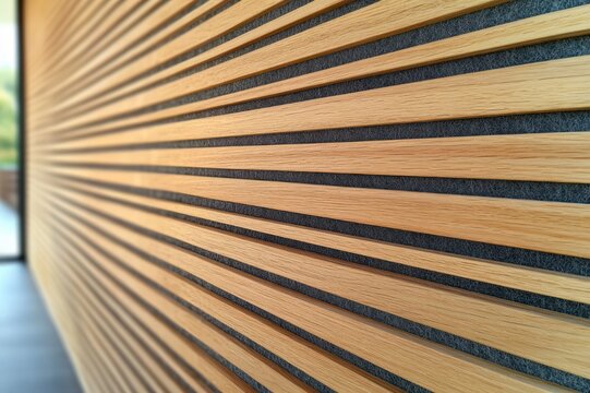 Close-up diagonal view of warm wooden slat wall with dark grooves and soft natural light conveying a calm, rhythmic modern interior