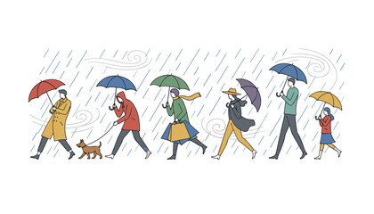 Naklejka premium Diverse crowd of people with colorful umbrellas walking through heavy wind and rain on a wet autumn or spring day.