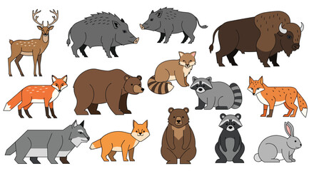 Obraz premium Large set of colorful cartoon forest wild animals including a deer, bear, boar, fox, wolf, rabbit, and bison on white.