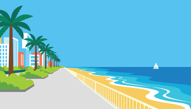 Beautiful tropical beach and seaside resort pathway with tall palm trees, golden sand, ocean waves, and a tiny sailboat.