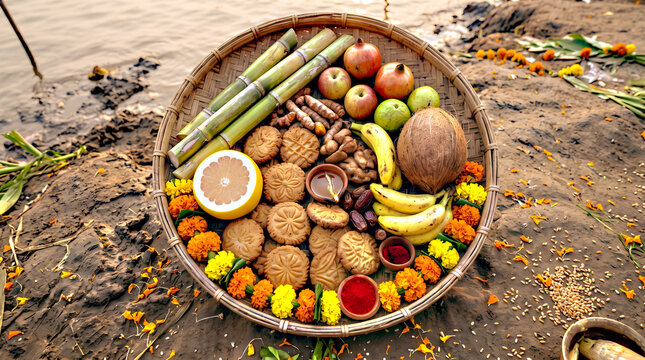 Chhath Puja Prasad Thekua Sweets Bamboo Soop Flat Lay Bihar Festival