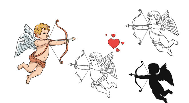 Valentines Day collection of cupid angel shooting arrows in colored outline silhouette and sketch styles.