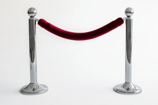 red velvet rope barrier suspended between two polished chrome stanchions on white background conveying exclusivity and formality