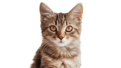 Isolated cute domestic shorthair tabby kitten headshot looking directly at the camera. © Conor