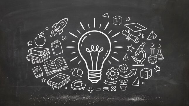 Hand drawn light bulb idea symbol surrounded by educational icons like books rocket graduation hat and science tools sketched on a dark blackboard background for school concept
