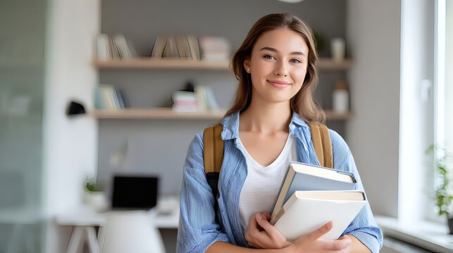Smiling young female student with backpack and books standing in modern home interior. Education, learning, back to school concept.