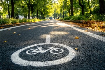 Obraz premium Sunlit tree-lined bike lane in a park with painted bicycle symbol on asphalt, scattered autumn leaves and a peaceful, inviting atmosphere