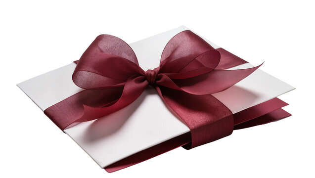 Isolated stack of elegant white and deep red cards tied with a luxurious burgundy ribbon bow