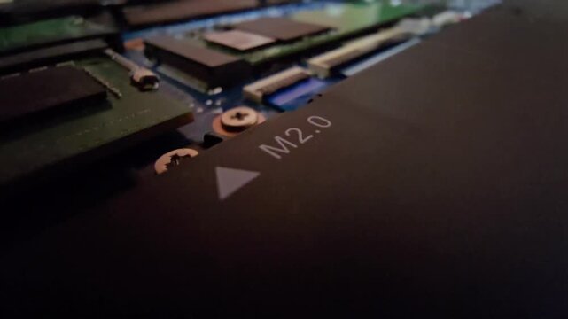 Close-up of laptop internal circuit board, showing an  screw marking, internal hardware components, and connectors.
