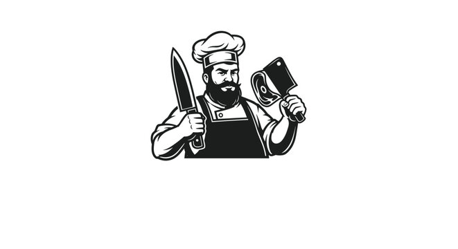Determined male chef or butcher with beard holding a carving knife and meat cleaver black and white vector logo.