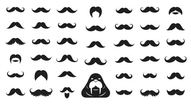 Large collection of retro black mustache silhouettes with various styles and a single walrus character in the center bottom.