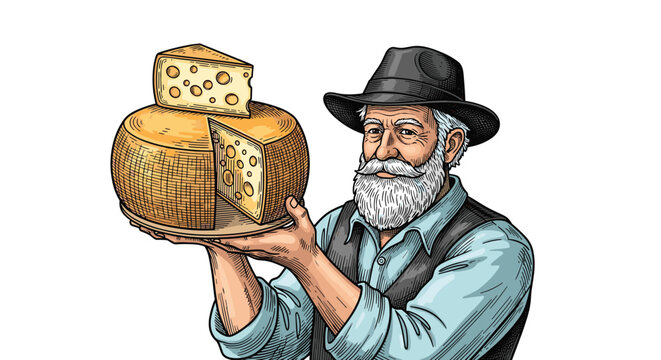 Senior male cheese maker with a grey beard and black hat proudly holding a large wheel of artisan swiss cheese.