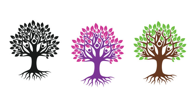 Tree of life logos showing human figures integrated as branches and roots, representing family, growth, and community.