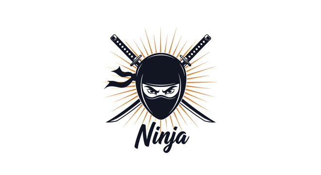Bold ninja logo template featuring a masked ninja warrior face in a black hood with crossed swords and sunburst rays.