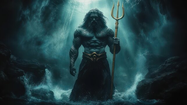 Majestic muscular sea deity with trident emerging from dark stormy ocean waters, commanding and powerful under dramatic shafts of light