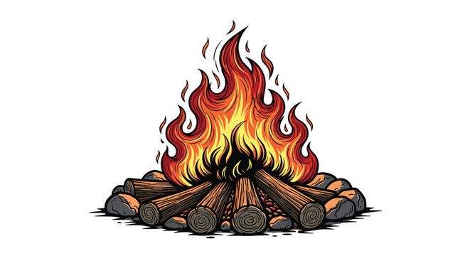 Beautifully detailed colorful campfire burning on wooden logs and stones in vintage hand drawn woodcut style.